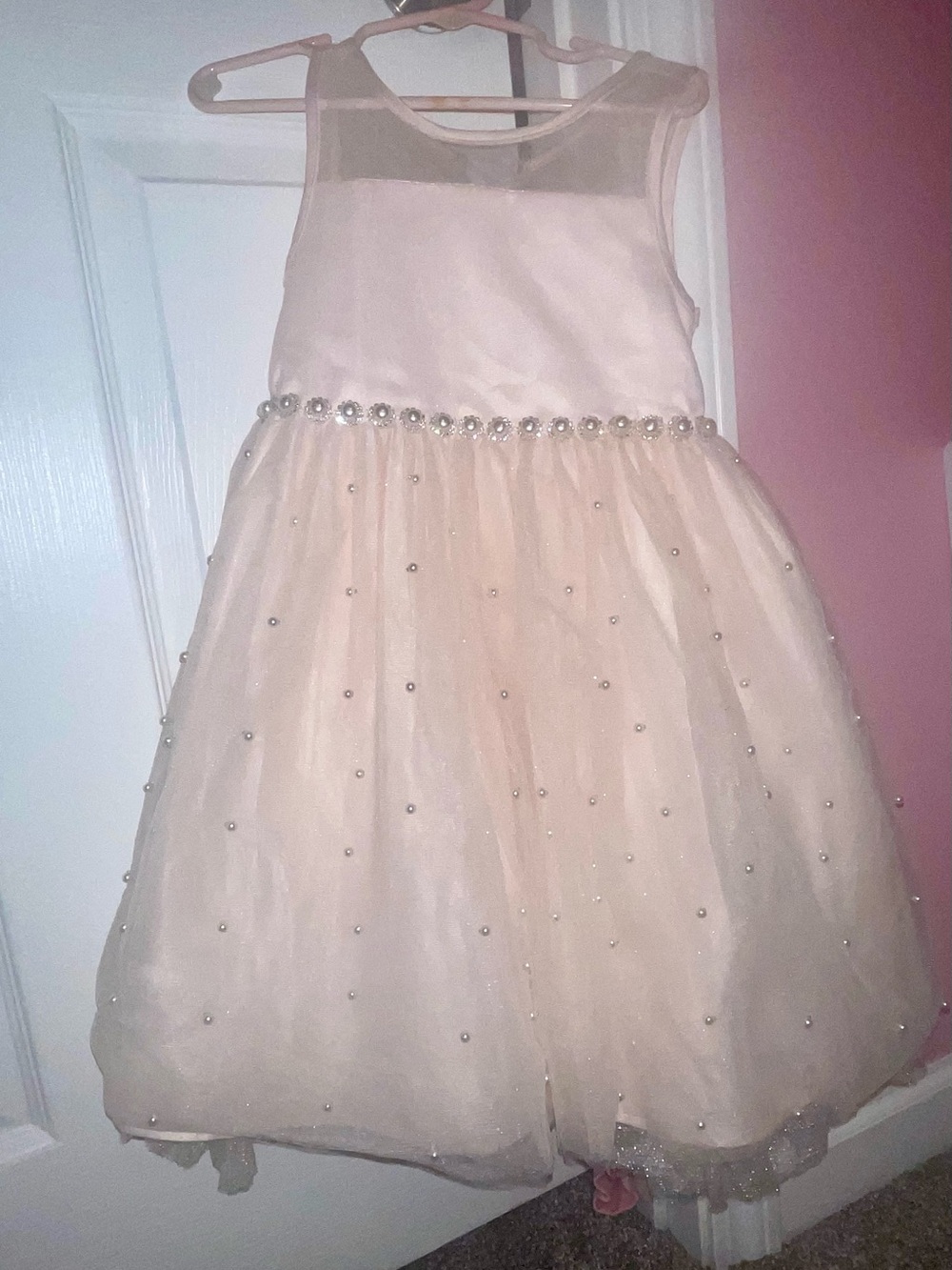 Girls' blush pink Pearl-Embellished Tulle Party Dress